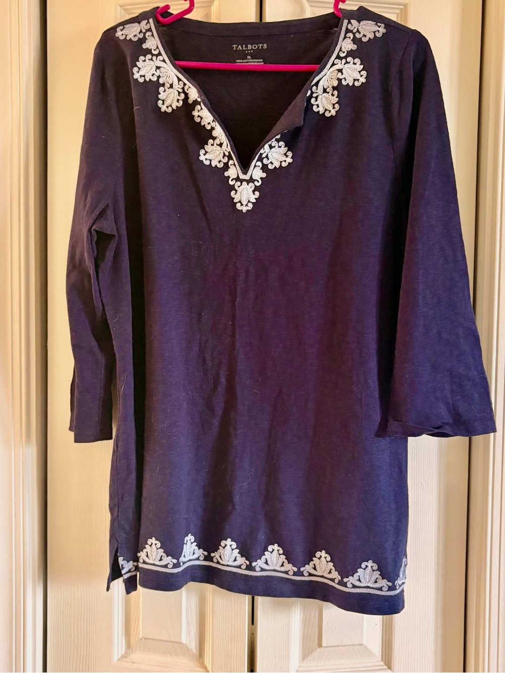 TALBOTS Navy Blue Cotton Tunic.  Lovely Embroidery!  Sz XL